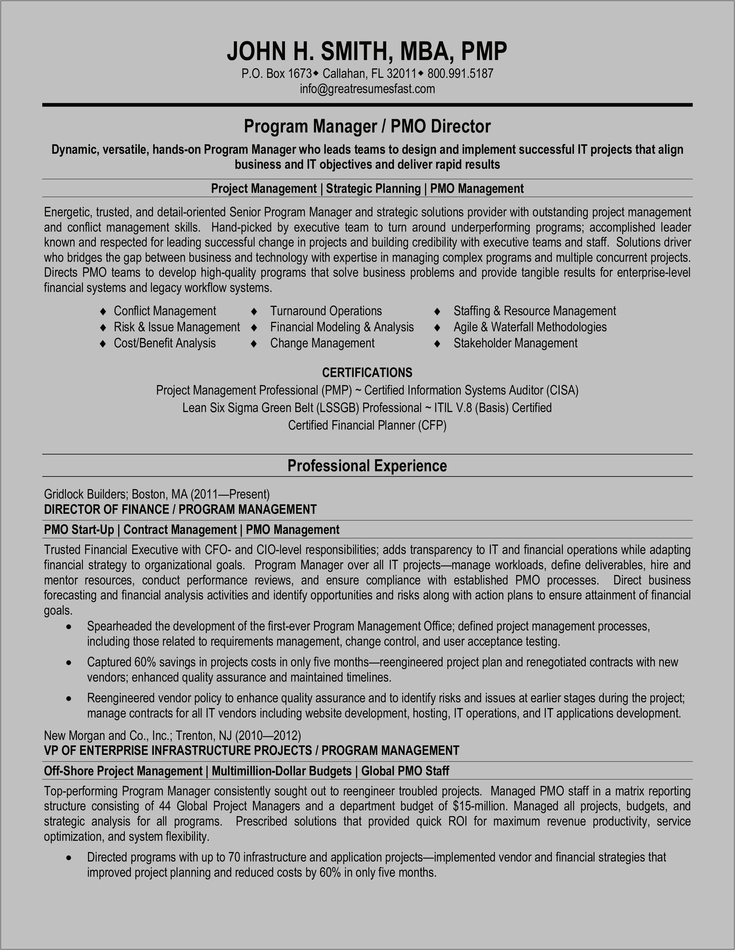 Pmp Certified Project Manager Resume Sample