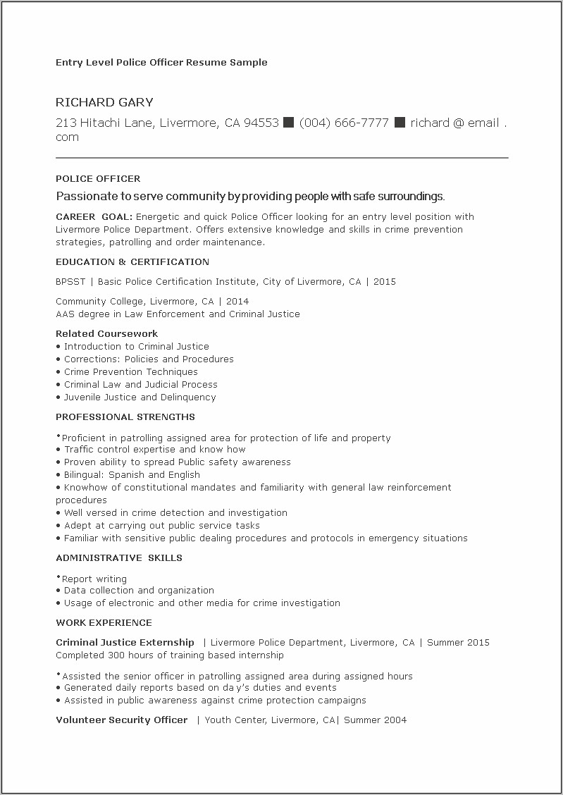 Police Officer Resume No Experience Objective