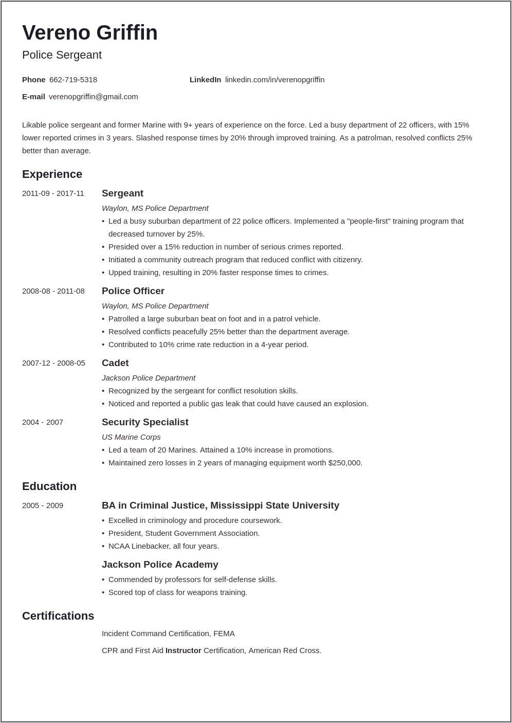 Police Officer Resume Summary For Entry Level