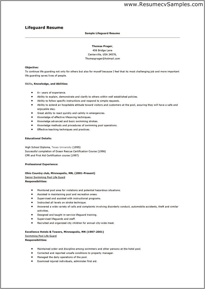 Pool Manager Job Description Resume