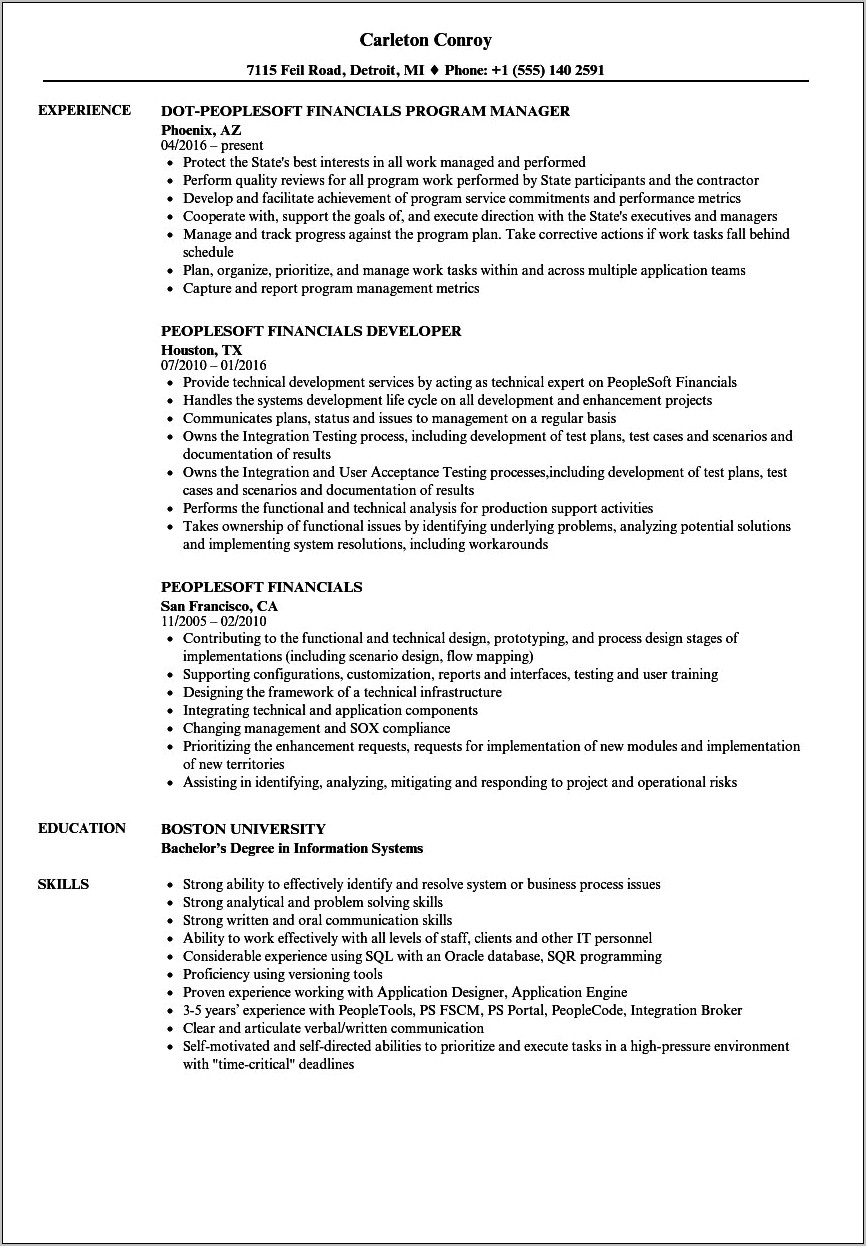 Position Management In Peoplesoft Functional Resume