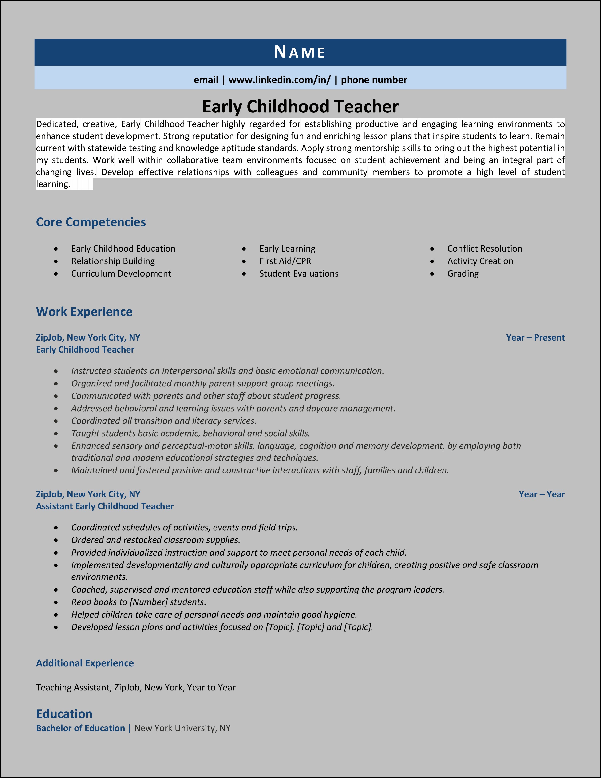 Preschol Teacher Job Duties For A Resume