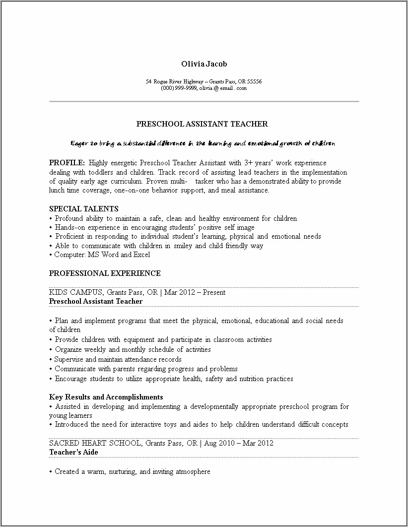 Preschool Teacher Professional Summary For Resume