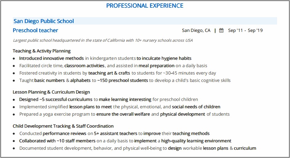 Preschool Teacher Resume Examples Free