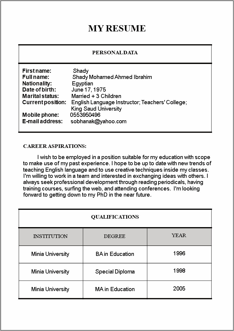 resume for teacher in india