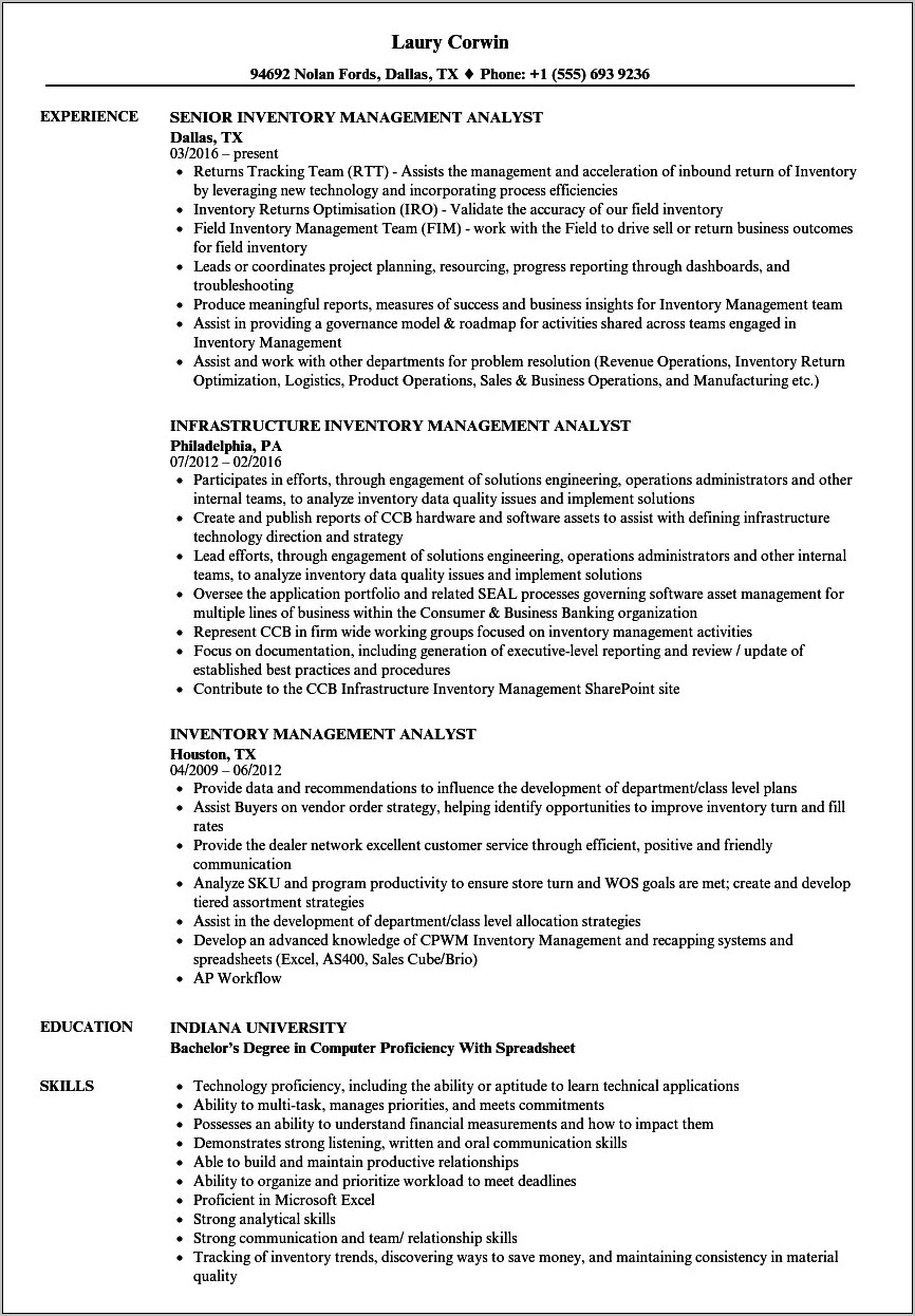 Printable Inventory Control Manager Using Math Modeling Resume