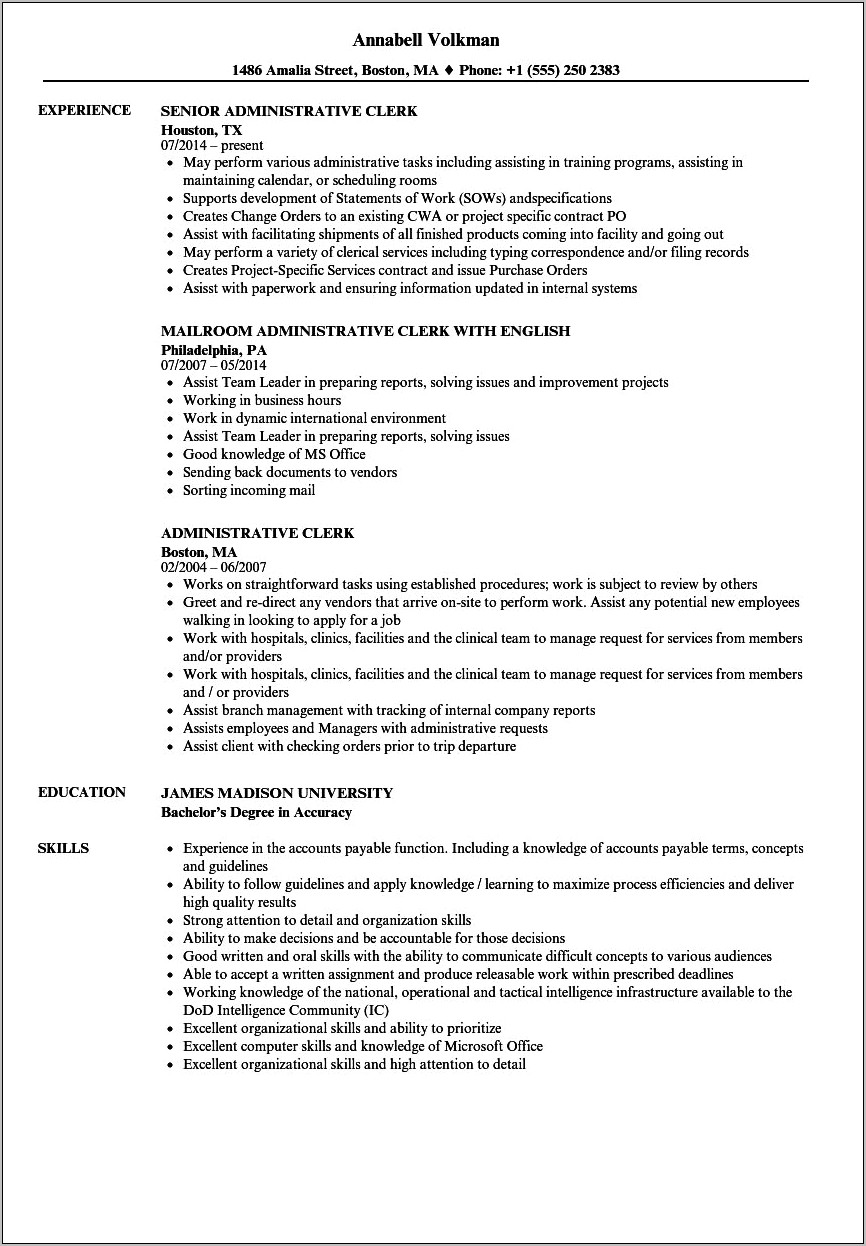 Printable Resume Templates For Clerical Positions