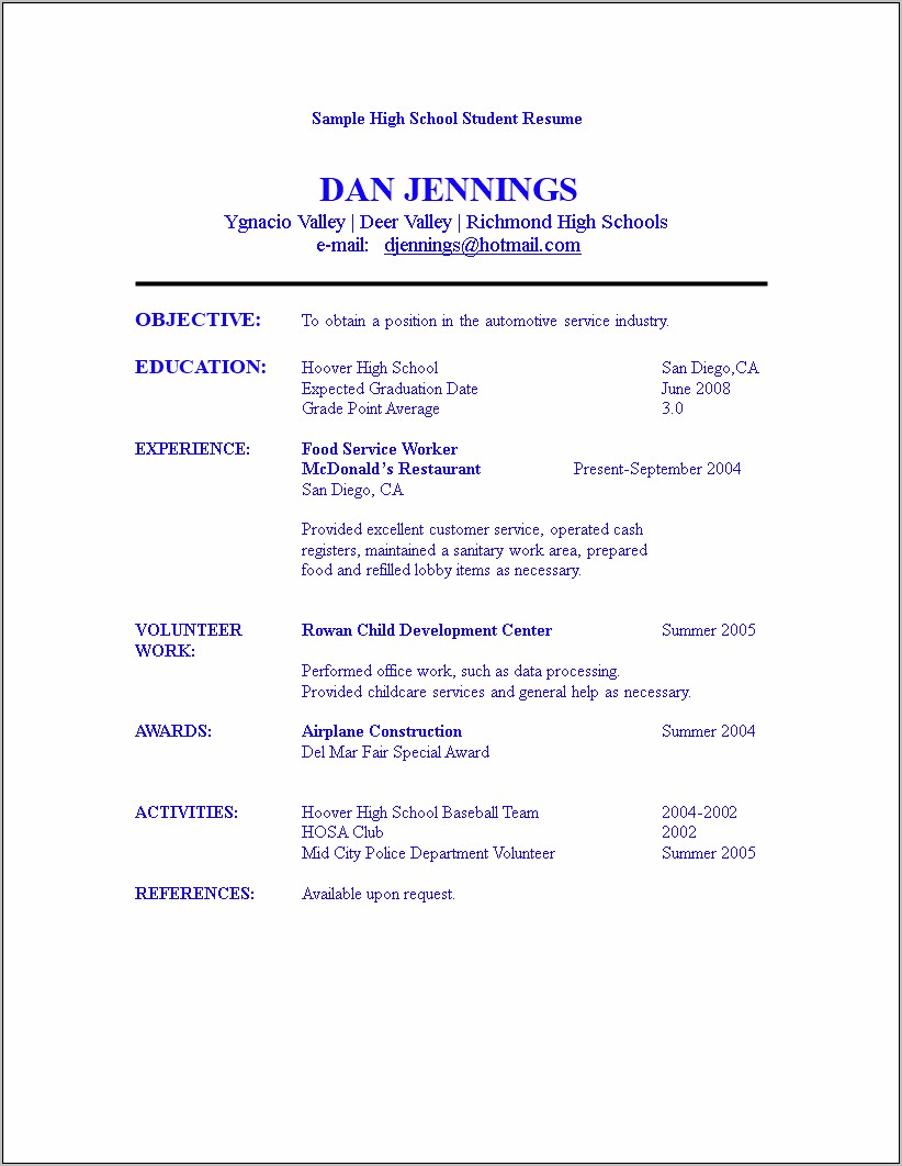 Printable Sample Resume For High School Student
