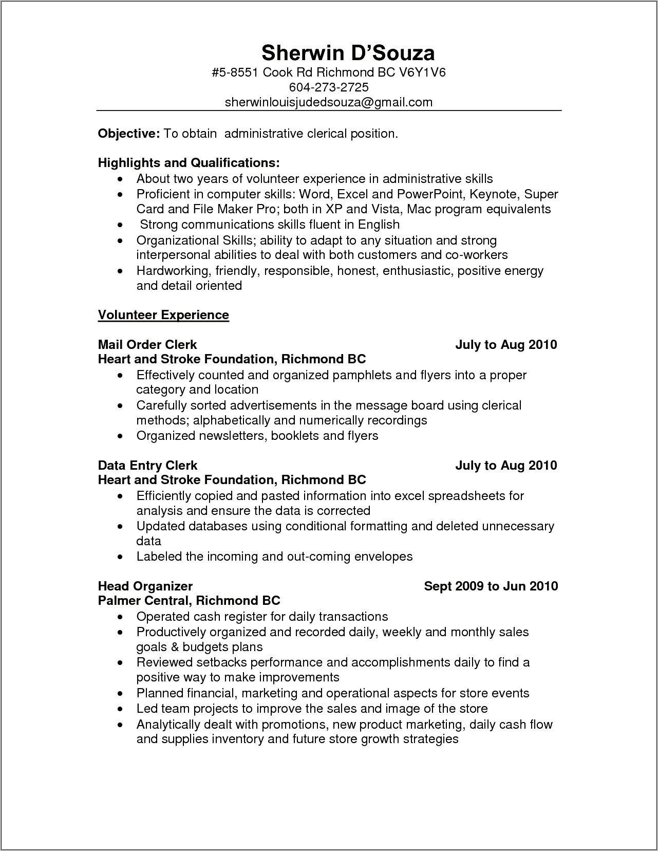Printable Simple Resume Examples For Clerical