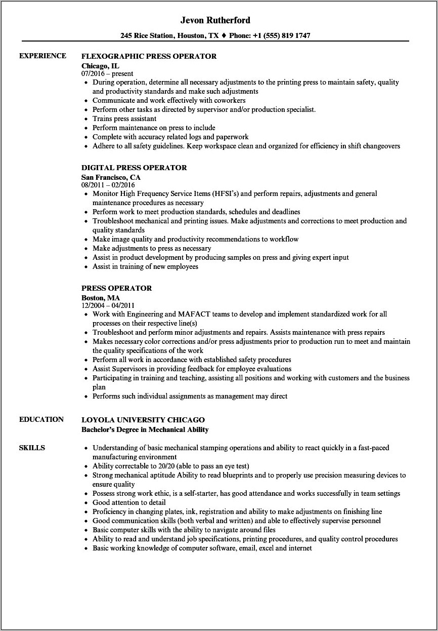 Printing Press Operator Job Description For Resume