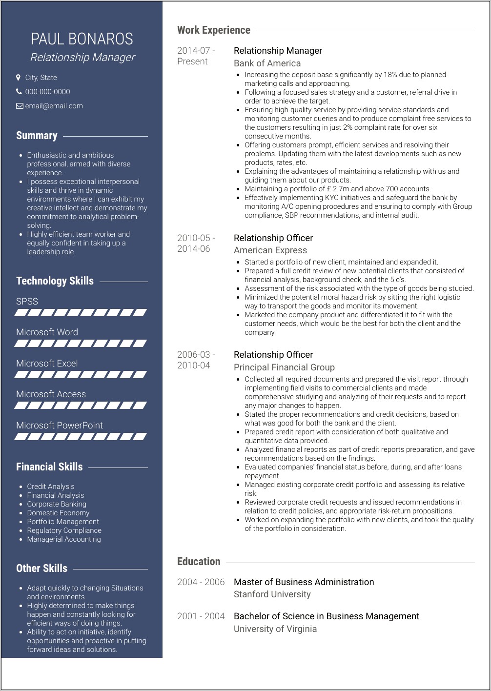 Private Banking Relationship Manager Resume Sample