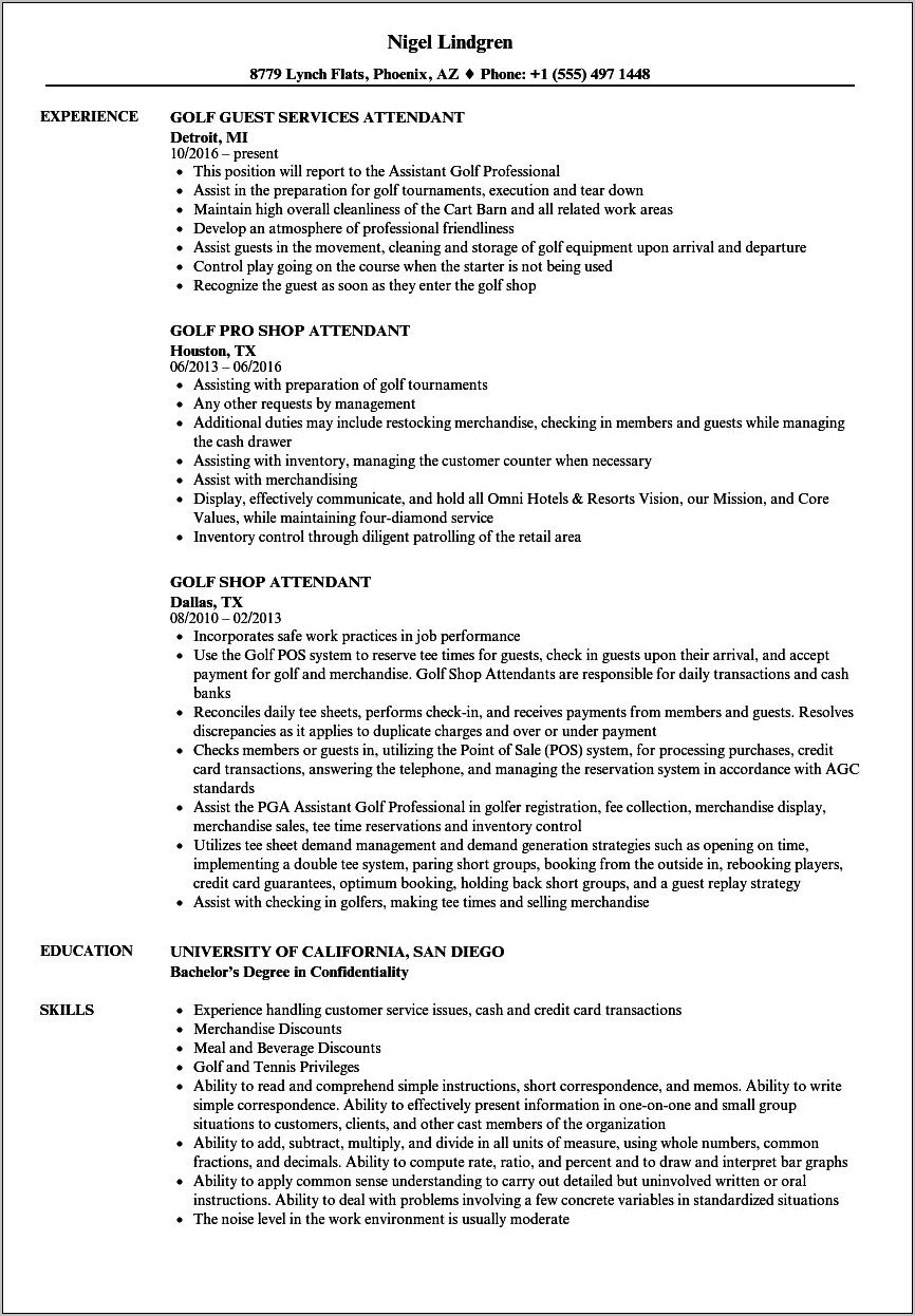 Pro Shop Attendant Job Description For Resume