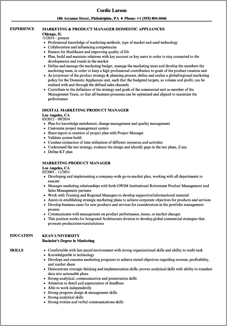 Product Marketing Manager Resume Value Proposition