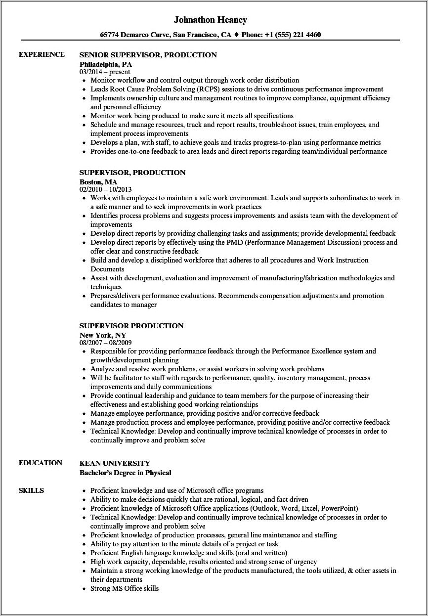 Production Supervisor Resume 3 Years Experience