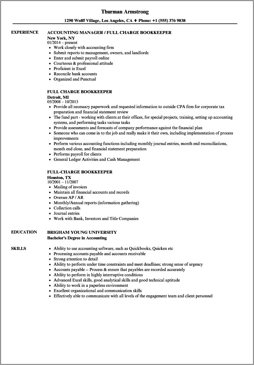 Professional Bookkeeper Job Description For Resume