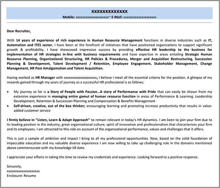 Professional Cover Letter For Resume Human Resorce Sample