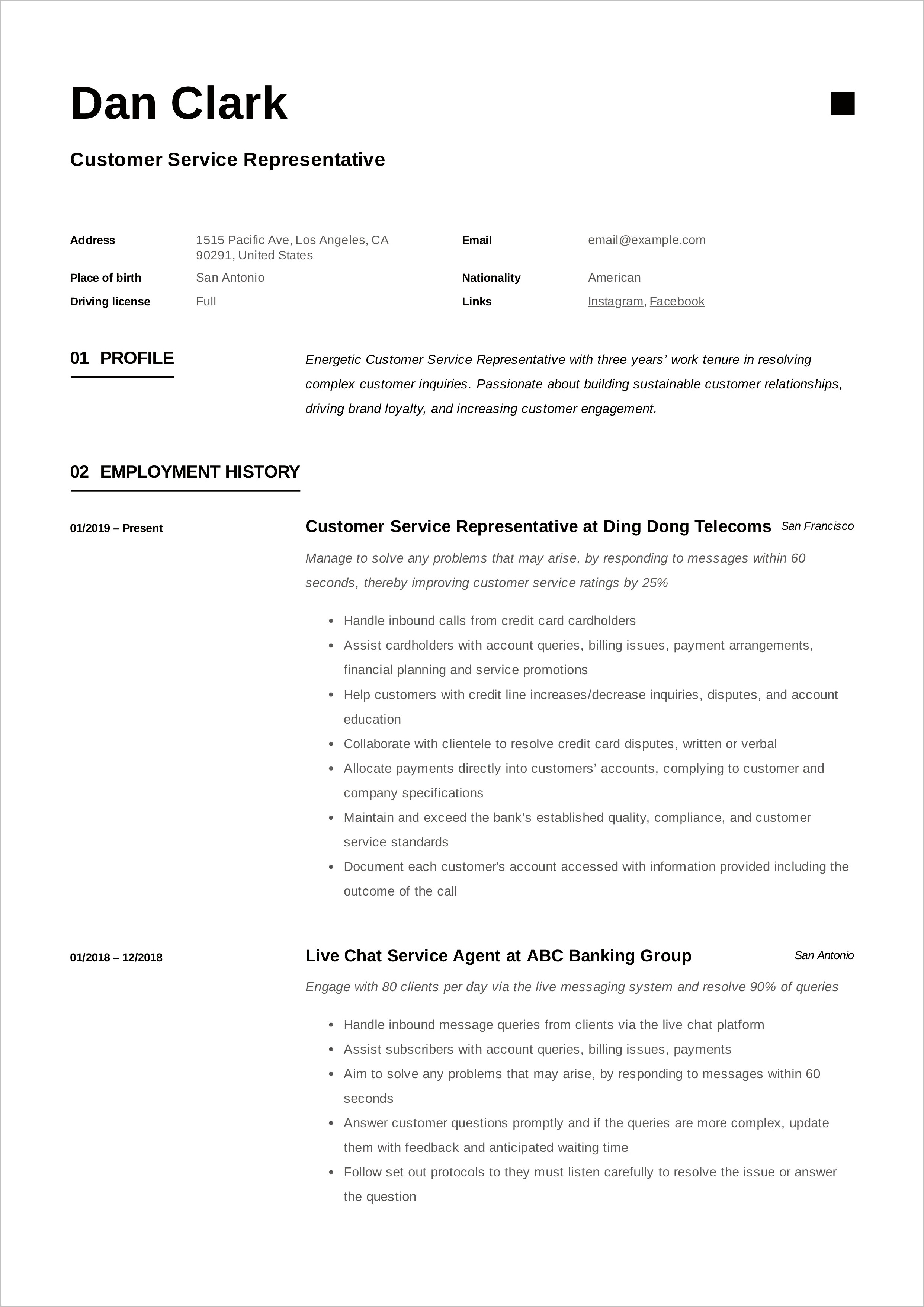 Professional Customer Service Job Description For Resume