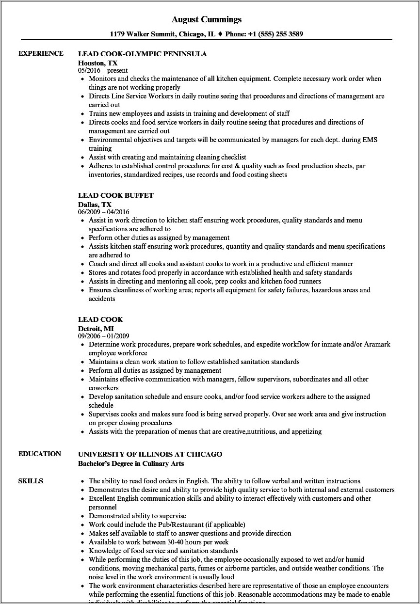 Professional Experience Description For A Cook On Resume