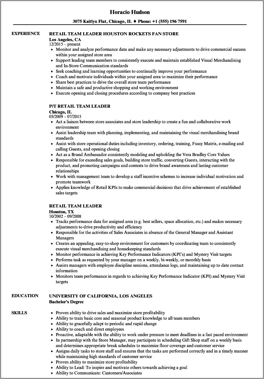 Professional Experience Resume For Crew Leader