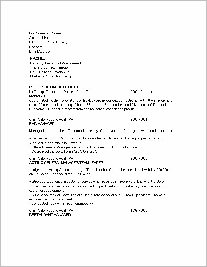 Professional Profile Resume For A Restaurant Manager