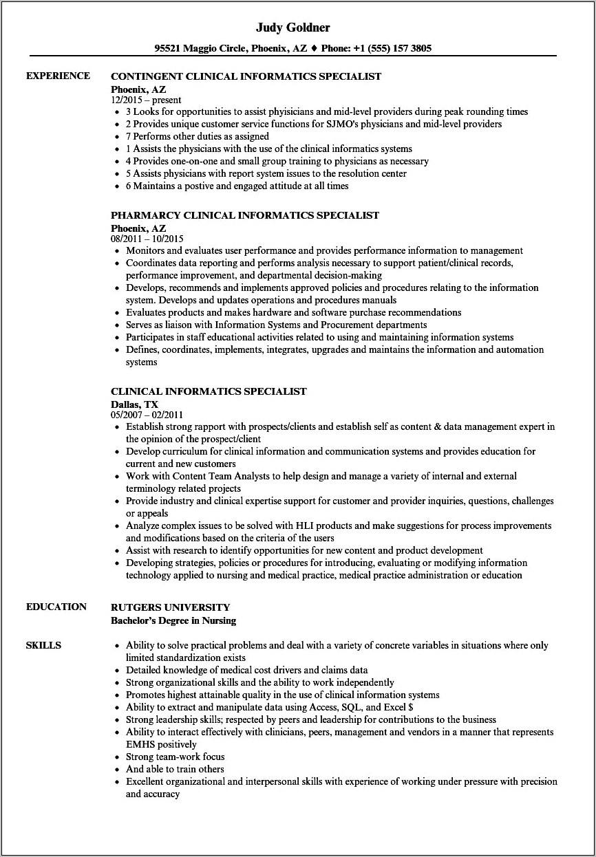 Professional Resume Example For Clincial Specialist
