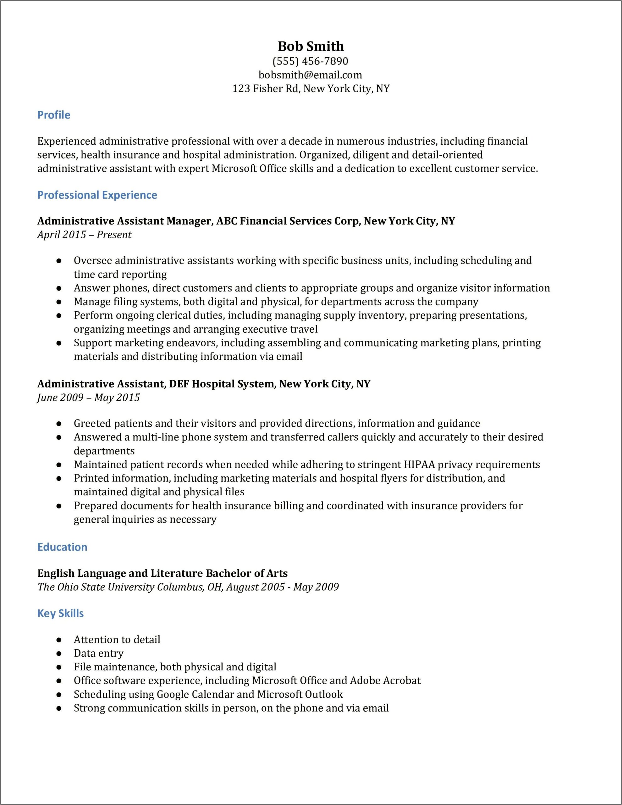 Professional Resume Examples For Administrative Assistant