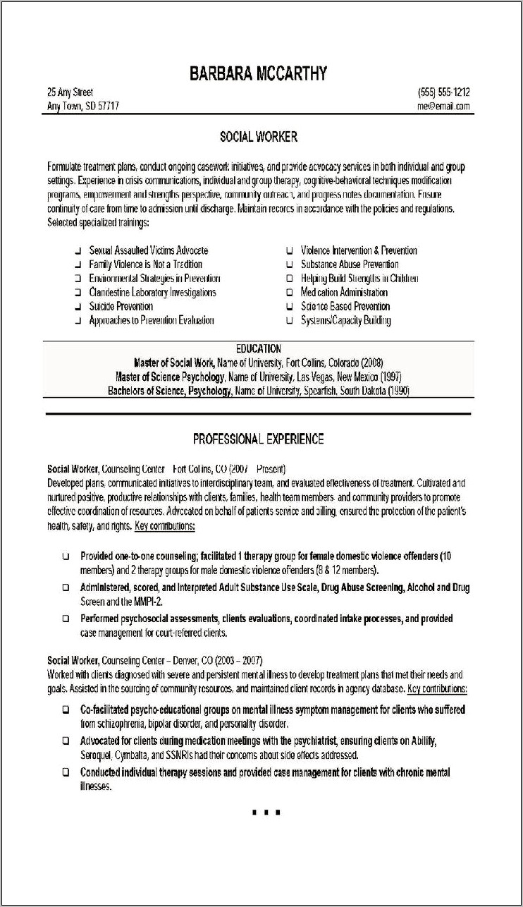 Professional Resume Examples For Social Workers