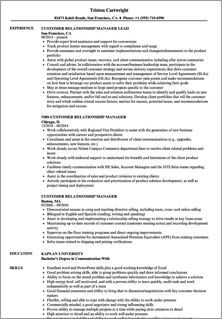 Professional Resume For Customer Relationship Manager