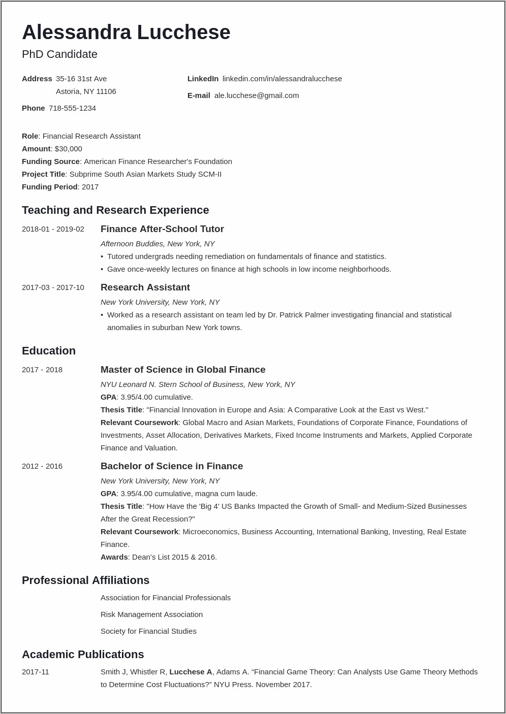 Professional Resume For Graduate School Samples