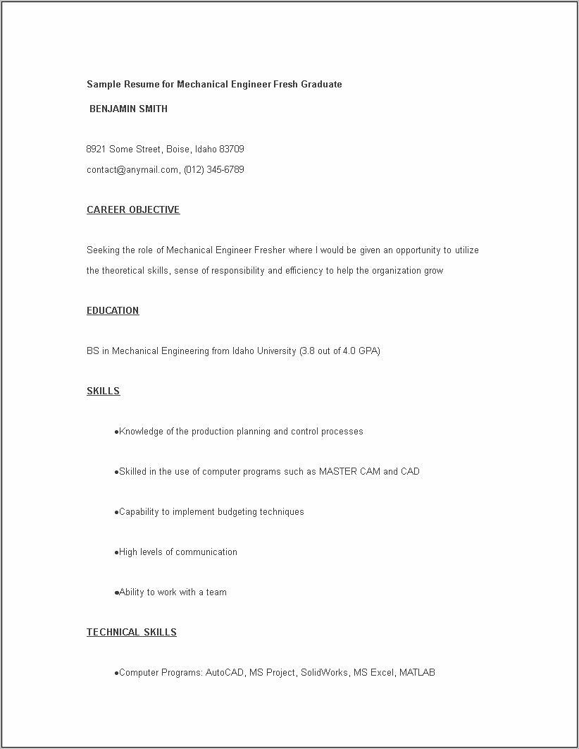 Professional Resume Objective Examples Engineering Fresher
