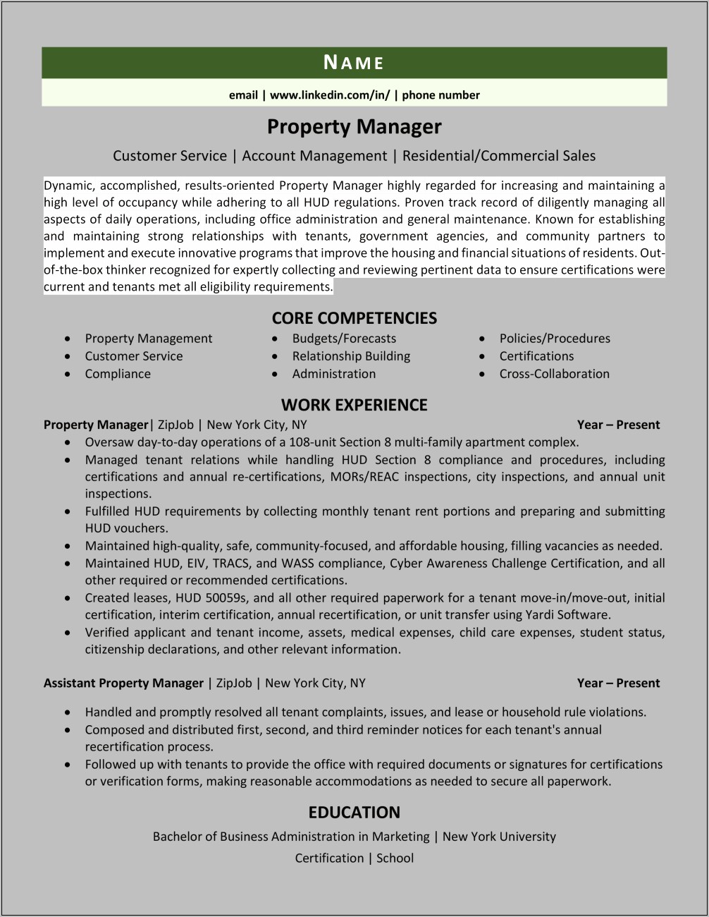 Professional Short Summary For Resident Manager Resume