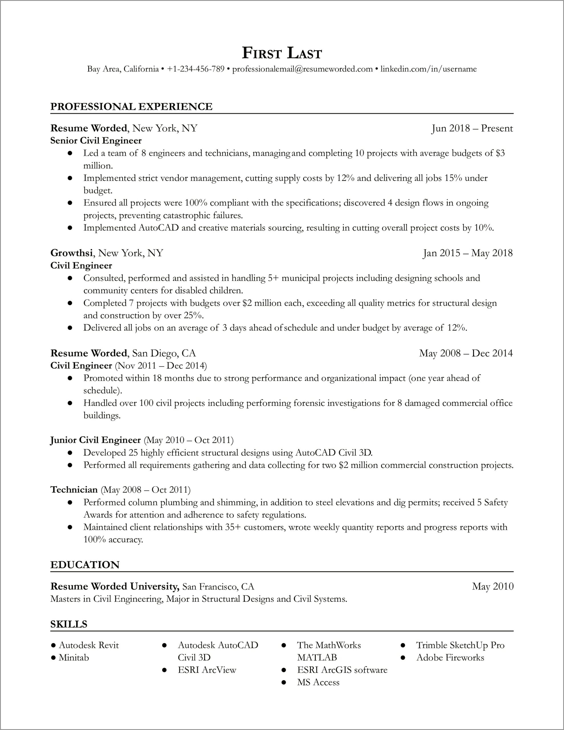 Professional Summary For Civil Engineer Resume