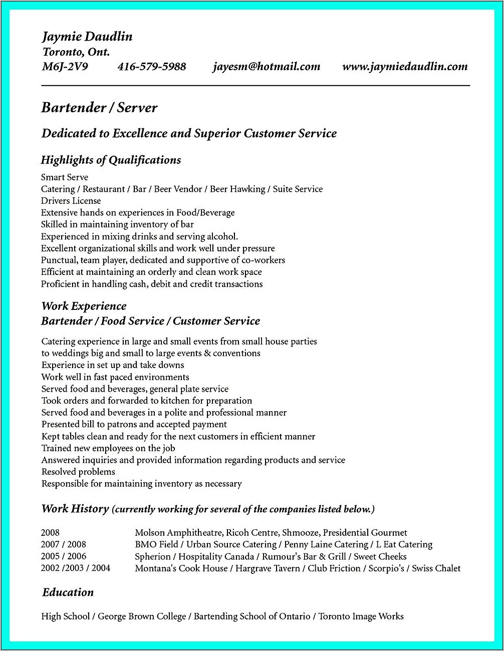 Professional Summary For Cocktail Serving Resume