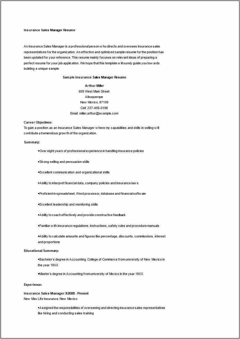 Professional Summary For Resume Sales Manager