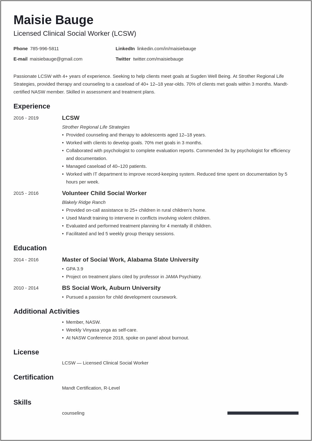 Professional Summary For Social Worker Resume