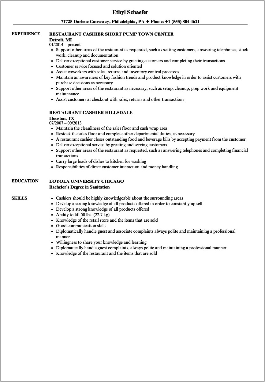 Professional Summary For Waiter Resume For Cashier Job