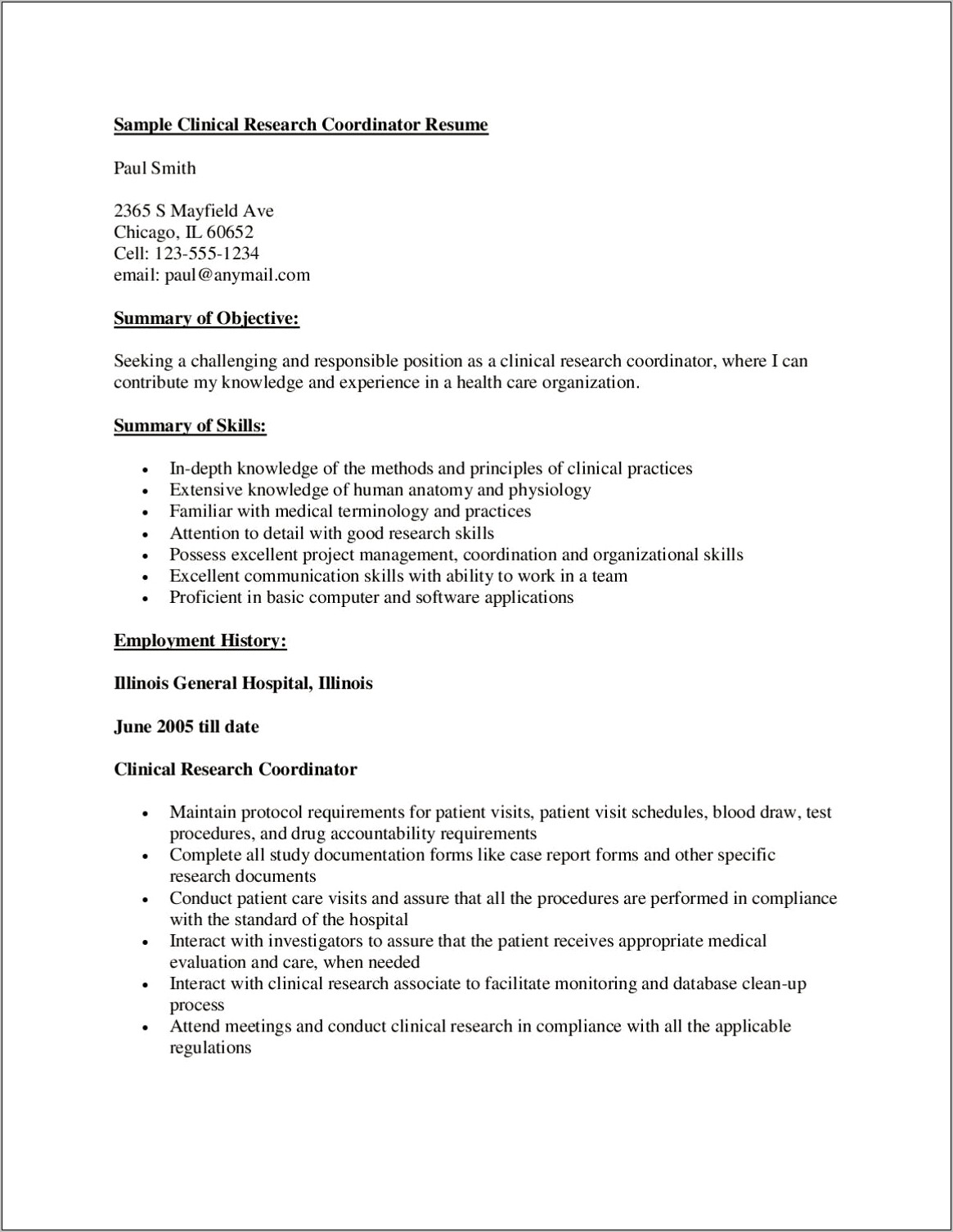 Professional Summary Resume Clinical Research Coordinatoe