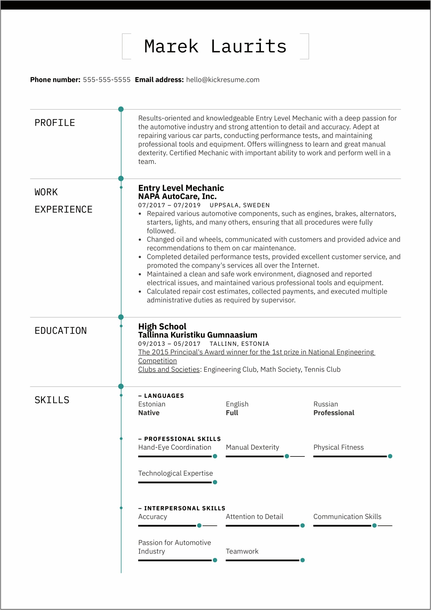 Professional Summary Resume Examples Technician Entry Level