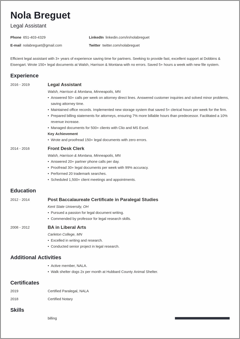 Professional Summary Resume For A Paralegal