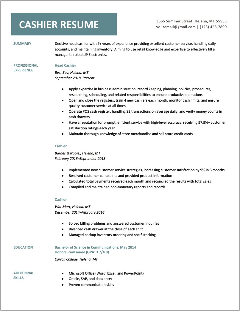Professional Summary Resume Sample For Cashier