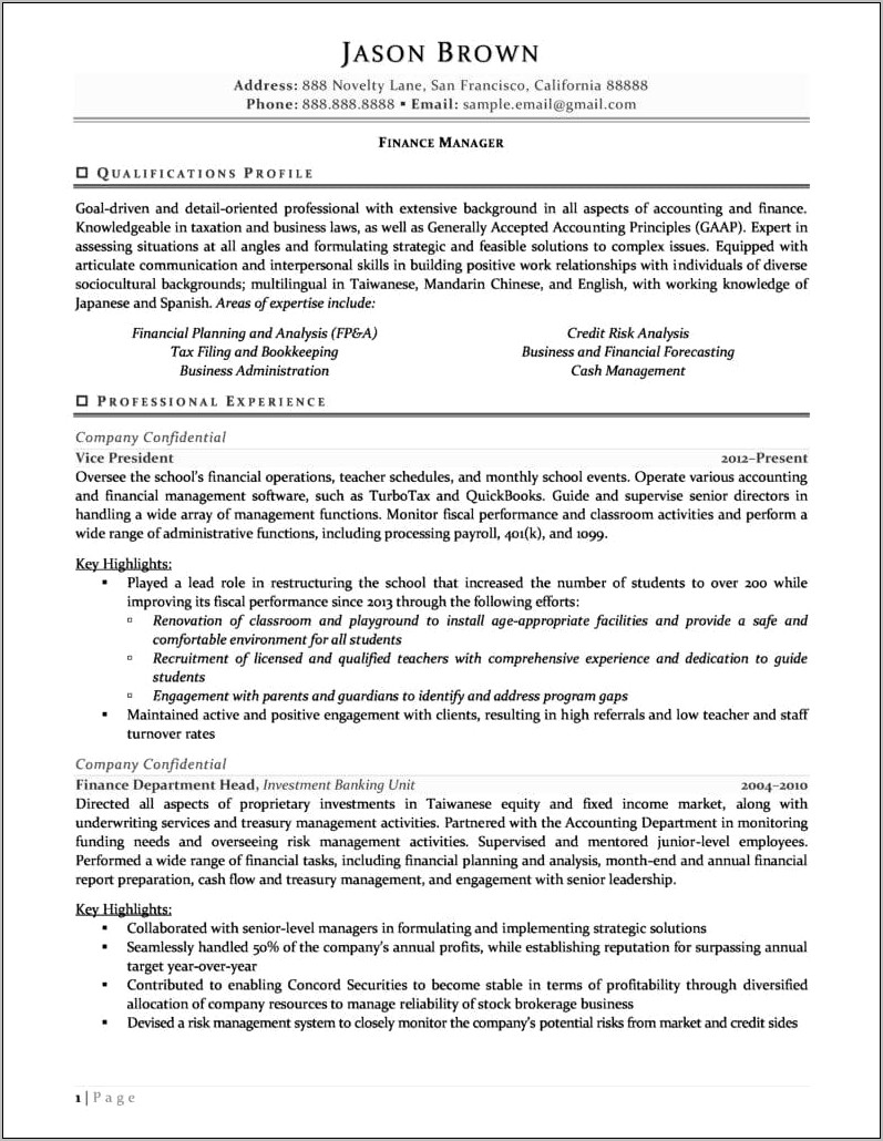 Professional Summary Resume Sample For Manager