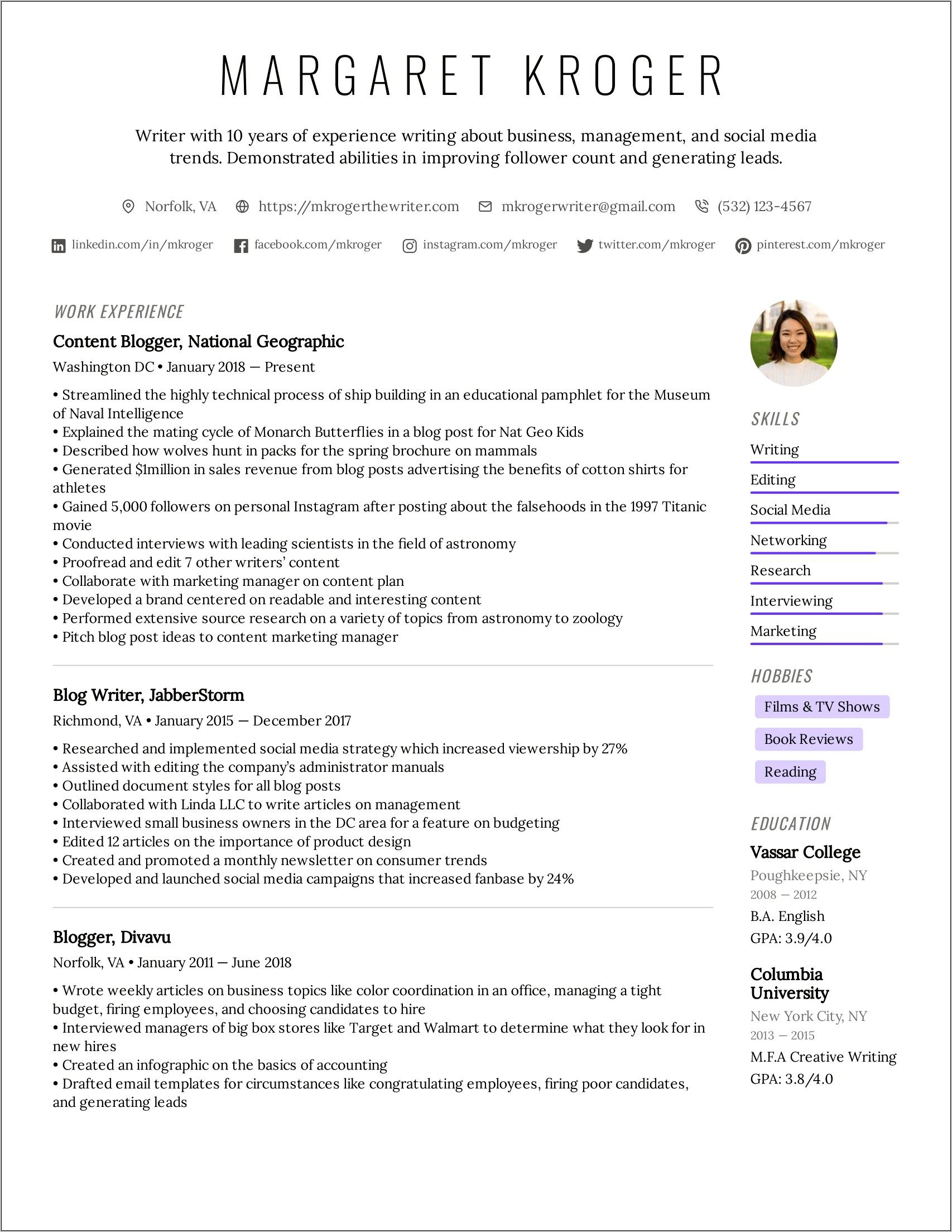 Professional Writer Resume Template Example 2018