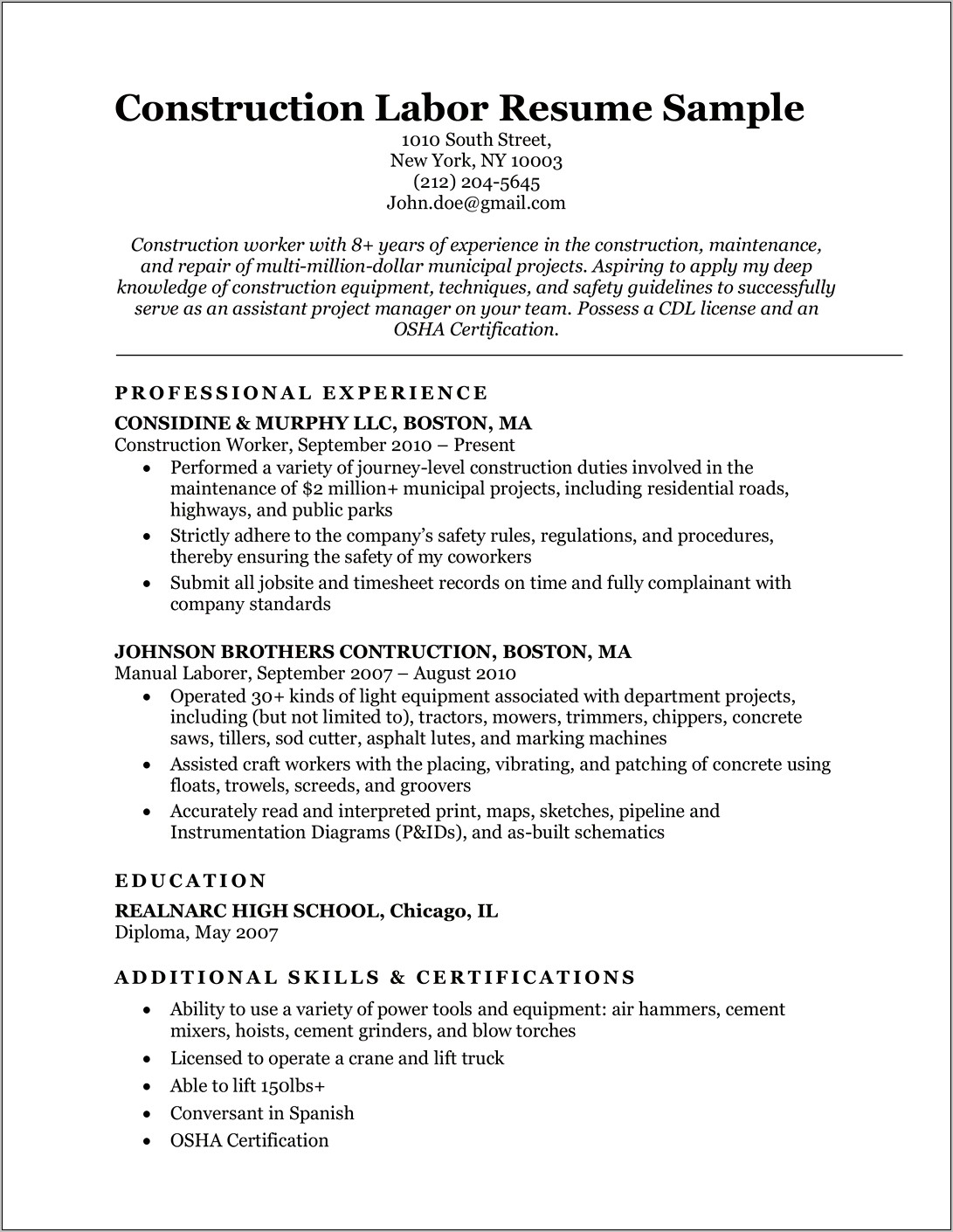Profile For Resume Assistant Project Manager Construction
