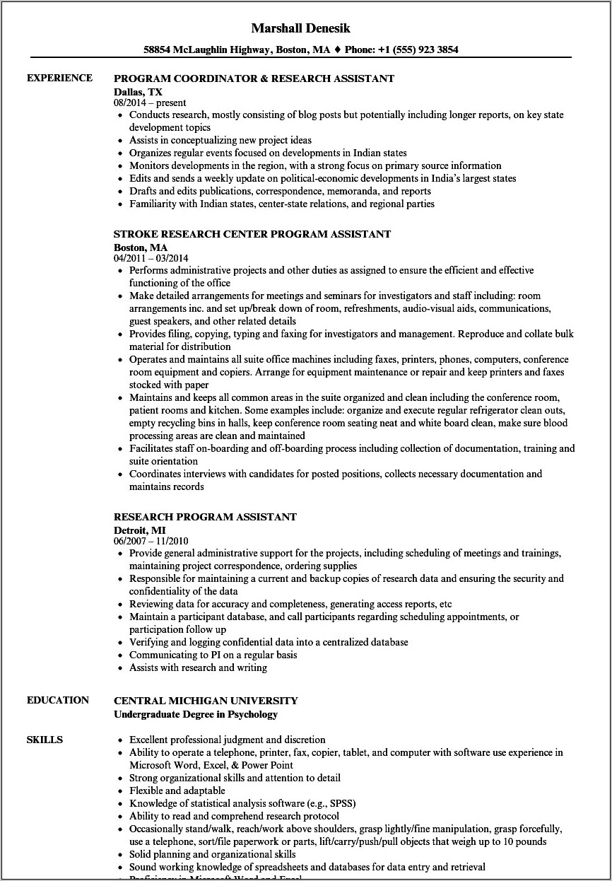 Program Assistant Job Description For Resume