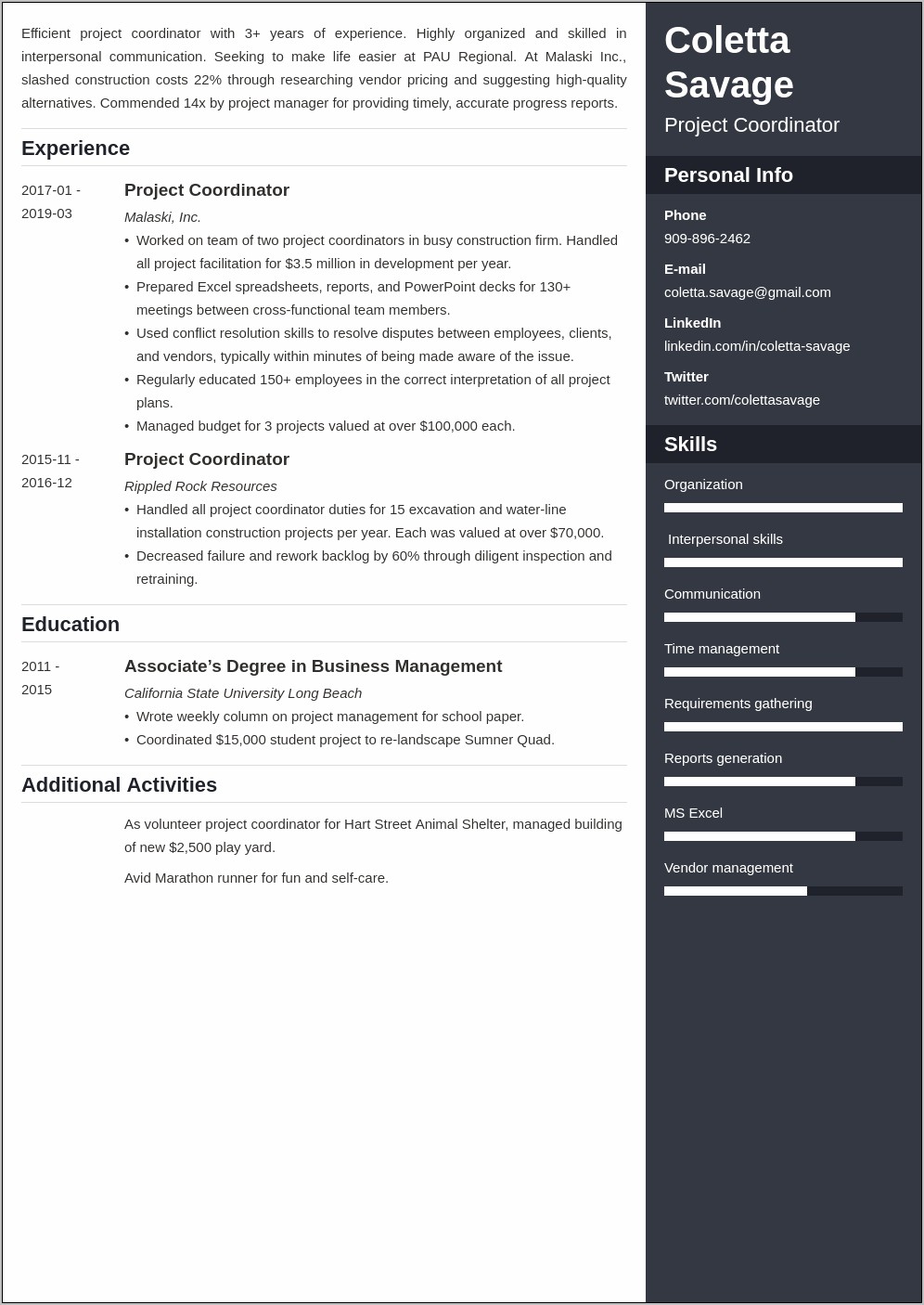 Project Coordinator Job Description Sample Resume