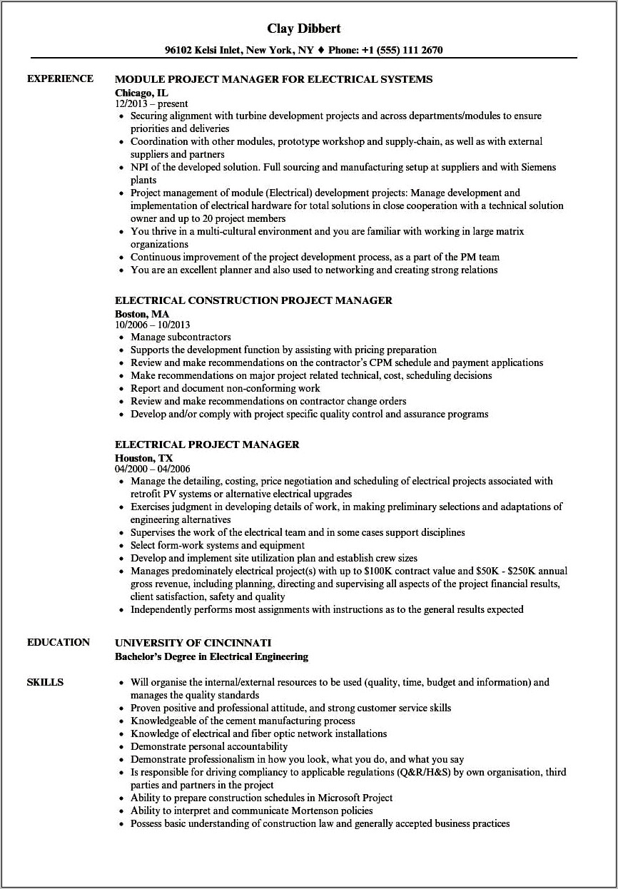 Project Engineer Project Manager Resume