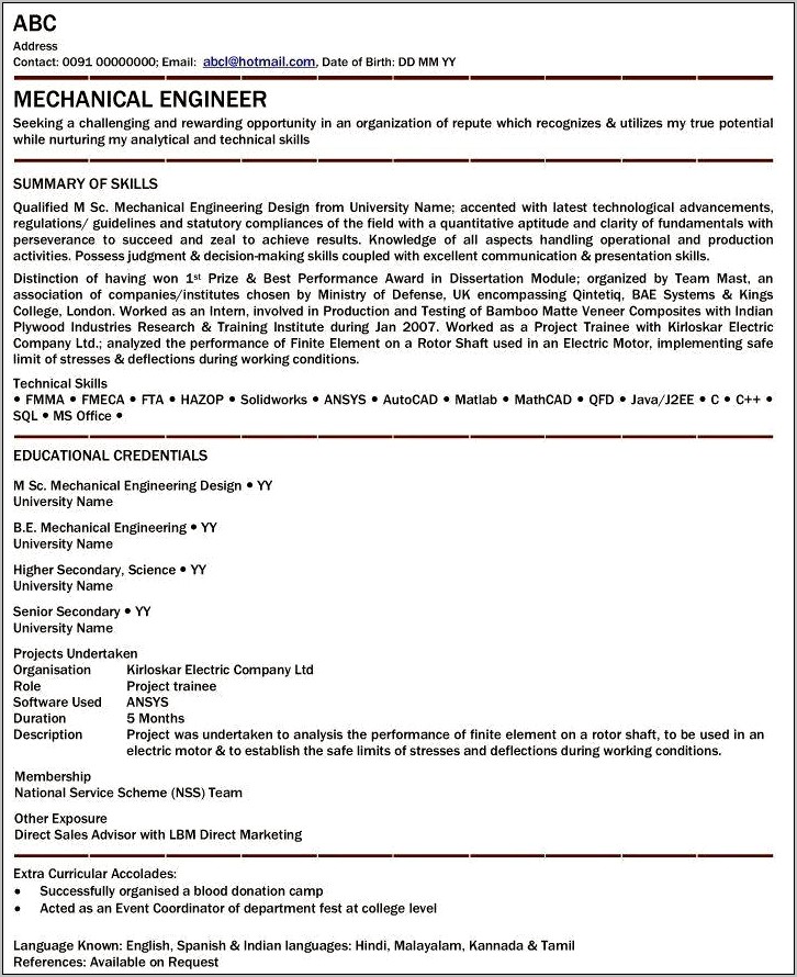 Project Engineer Resume Sample In India