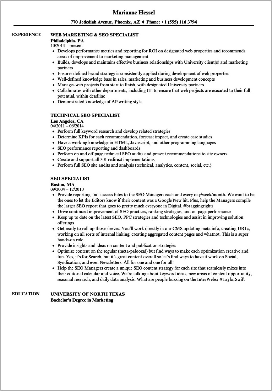 Project List Resume Template For Seo Company