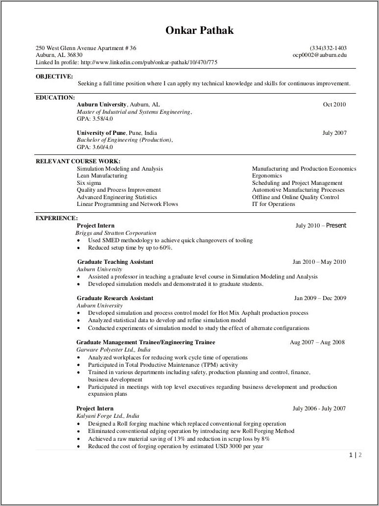 Project Management In Industrial Engineering Resume