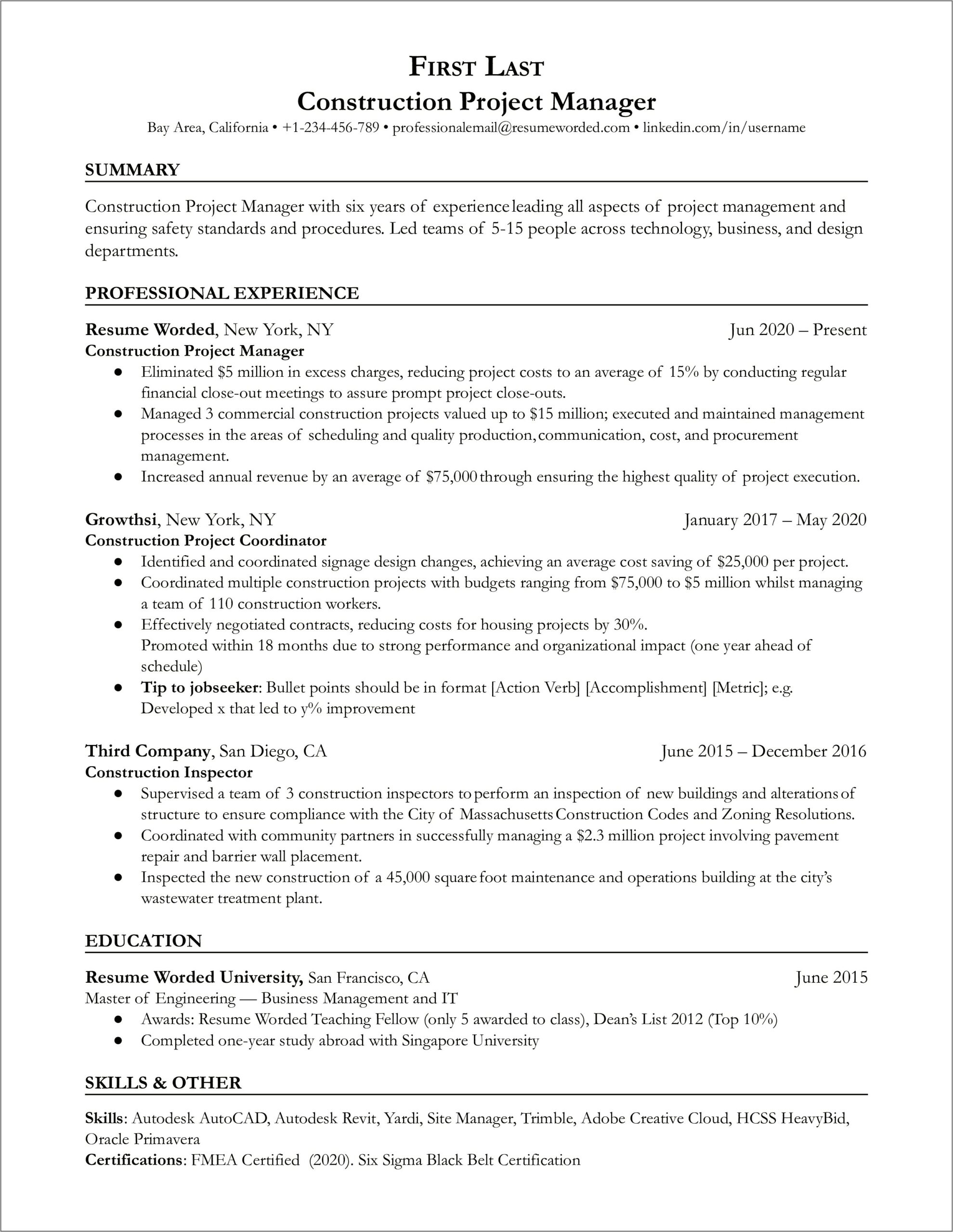 Project Management Information To List On Resume